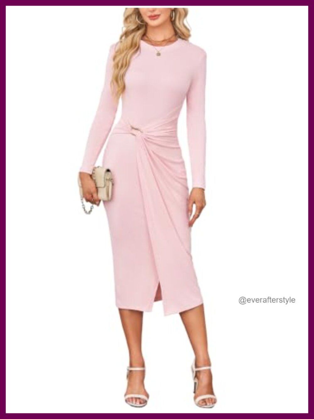 Women's Long Sleeve Bodycon Midi Dress Crew Neck Ruched Waist Party